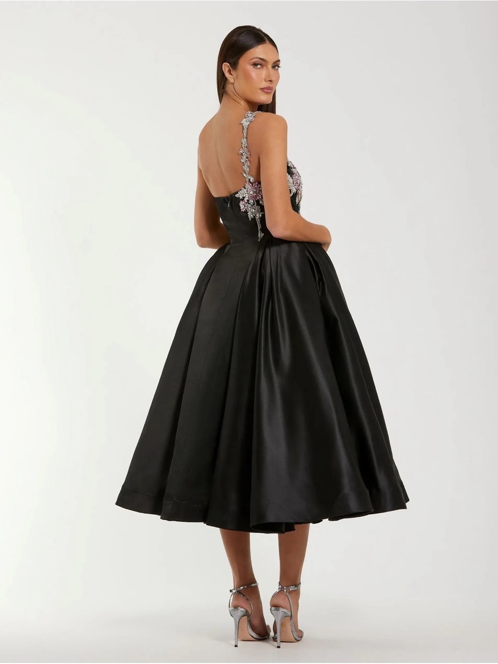 Mac Duggal 11955 Black Satin One-Shoulder Midi Dress with Beaded Flowers Size 10 - Picture 3 of 11